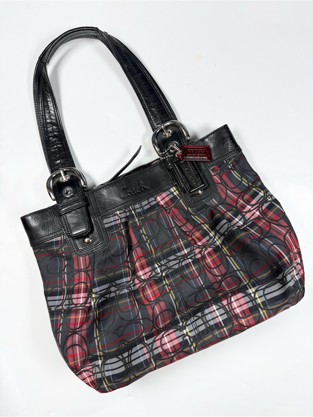 Coach F15467 Poppy Signature Tartan Plaid Tote Large Black with Silver Hardware